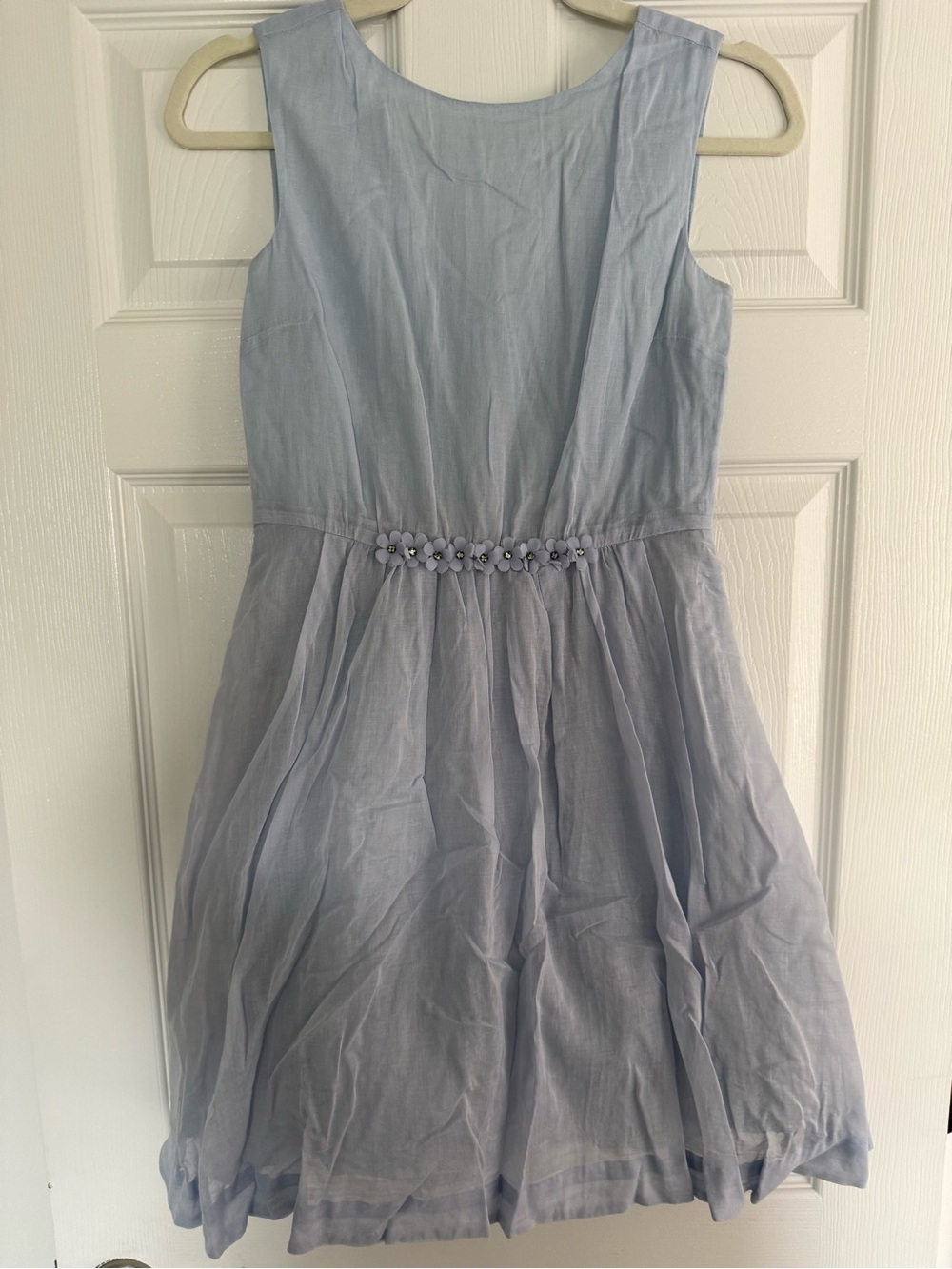 Light Blue Linen Sleeveless Mini Dress with Floral Detail Waist